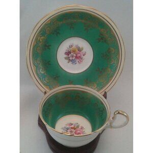 AYNSLEY GREEN & FLORAL PATTERN  LOW DORIS SHAPE TEA CUP AND SAUCER